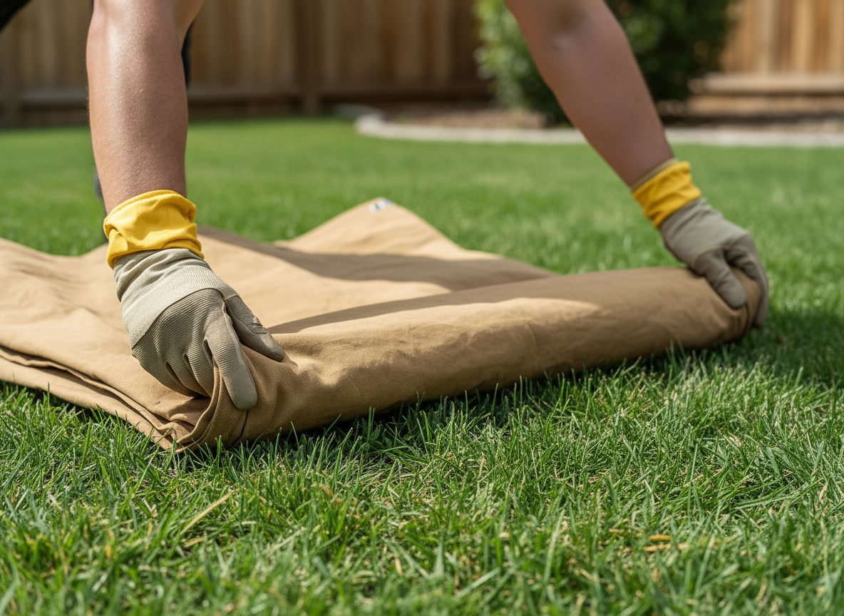 Gloved hands laying out a canvas tarp on grass in a backyard